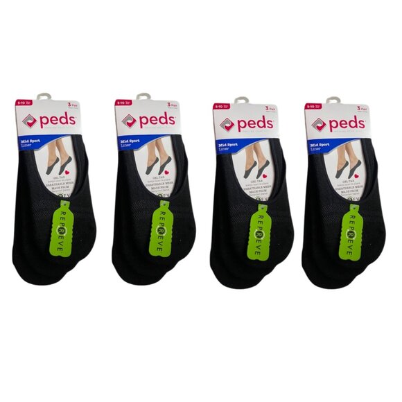PEDS 12 PAIR Black Mid Sportt Liner Socks - Breathable Mesh - GEL TAB Heel - Picture 1 of 8